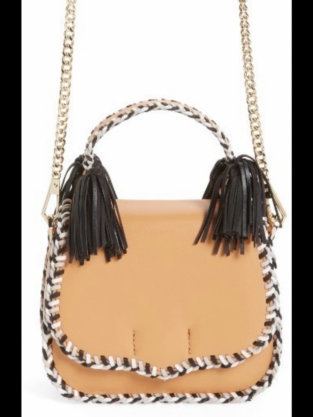 Rebecca Minkoff Chase Medium Tan Leather Crossbody/Saddle Bag with Black Tassels